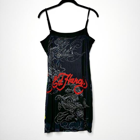 Ed Hardy Vintage Mesh Mini Dress in Black Tattoo Dragon Print Size Large - Picture 5 of 8